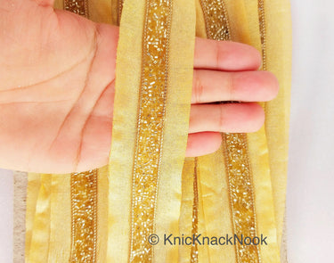 Wholesale Beige Fabric Trim With Gold Seed Beads And Gold Bugle Beads, Beaded Trim,